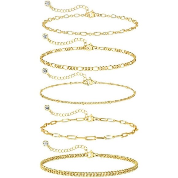 Jewelry - Women's 5Pcs Gold Bracelets for Waterproof, 14K Gold Plated Jewelry Sets Trendy